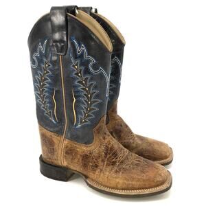 Old West Youth 3.5 D Blue Brown Square Toe Western Boots Cowboy Six-Row Stitch